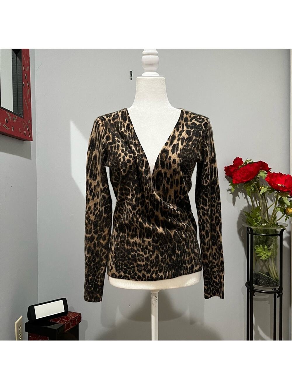 NEW Sarah Spencer Wool Angora Spotted Leopard Faux Wrap V-Neck Sweater S NWOT